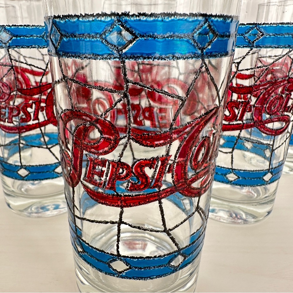 Vintage Pepsi-Cola Stained Glass Drinking Glass Set of Five Excellent Condition